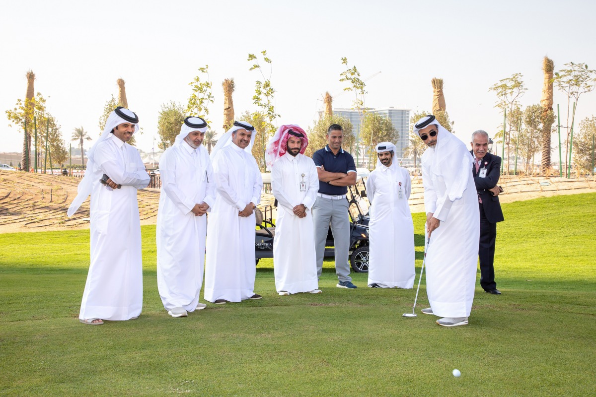 Minister of Sports and Youth H E Salah bin Ghanem Al Ali; UDC Chairman, Turki bin Mohammed Al Khater; UDC President, CEO and Member of the Board, Ibrahim Jassim Al Othman with other senior UDC and Corinthia officials during the inauguration of the Corinthia Golf Club in Gewan Island, yesterday.