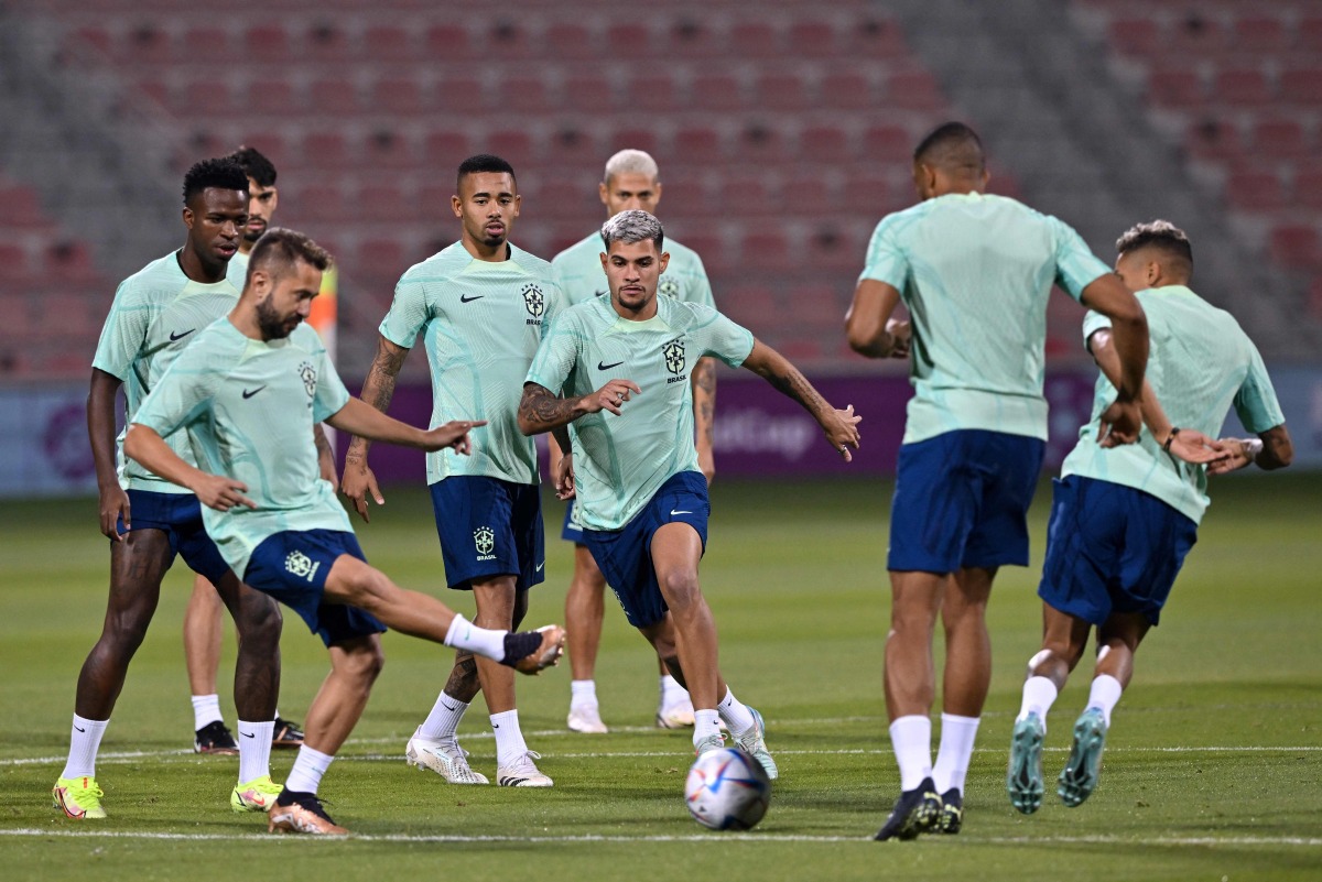 Brazil players take part in a training session at Al Arabi SC stadium in Doha yesterday on the eve of their FIFA Woeld Cup Qatar 2022 World against Serbia. AFP