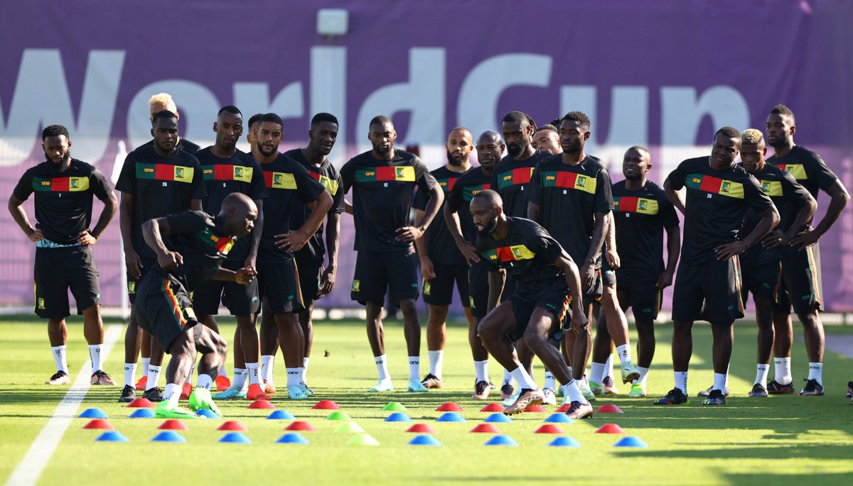 Cameroon players during a training session at Al Sailiya Stadium, yesterday. REUTERS