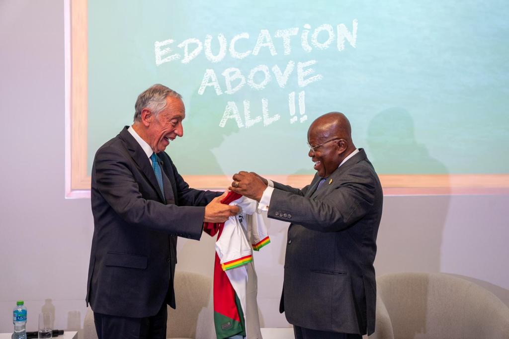 Portuguese President Marcelo Rebelo de Sousa and Ghanaian President Nana Akufo-Addo exchanged jerseys before a football match between their two countries during an event hosted by Education Above All inside the FIFA Fan Festival. 
