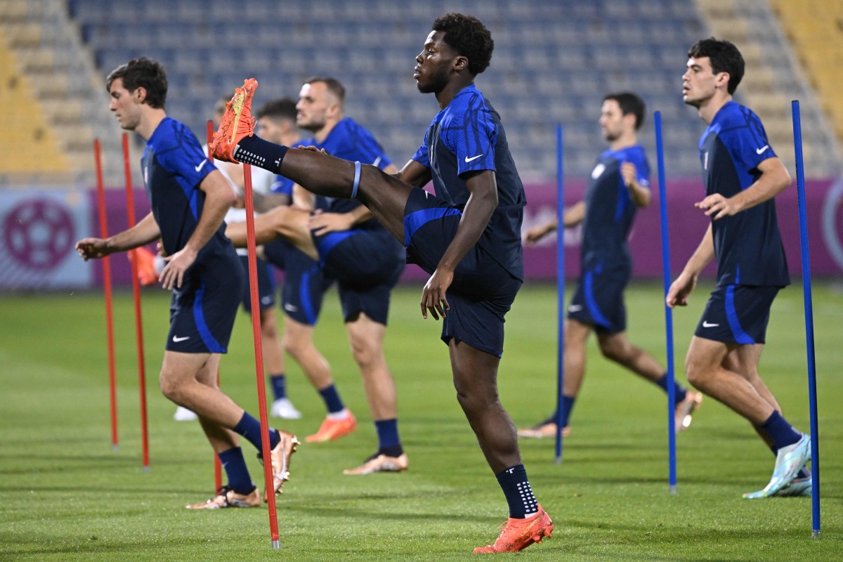 USA’s midfielder Yunus Musah and teammates take part in a training session at Al Gharafa SC in Doha, yesterday. AFP