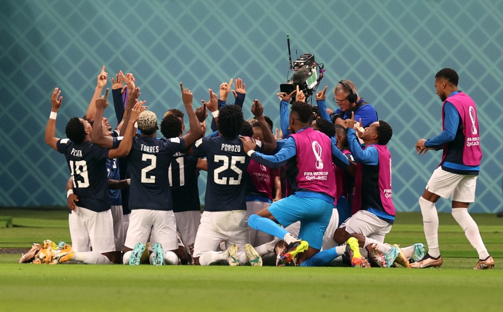 Ecuador's Enner Valencia and teammates celebrate scoring their first goal during the World Cup Qatar match between Netherlands and Ecuador at Khalifa International Stadium on  November 25, 2022. (REUTERS/Pedro Nunes)