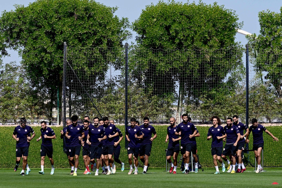 Tunisia players during training yesterday.