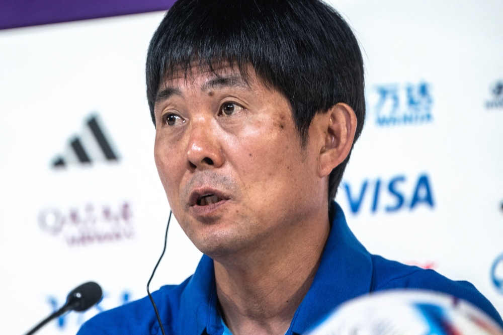 Japan's coach Hajime Moriyasu attends a press conference at the Qatar National Convention Center (QNCC) in Doha on November 26, 2022, on the eve of the Qatar 2022 World Cup football match between Japan and Costa Rica. (Photo by Philip FONG / AFP)