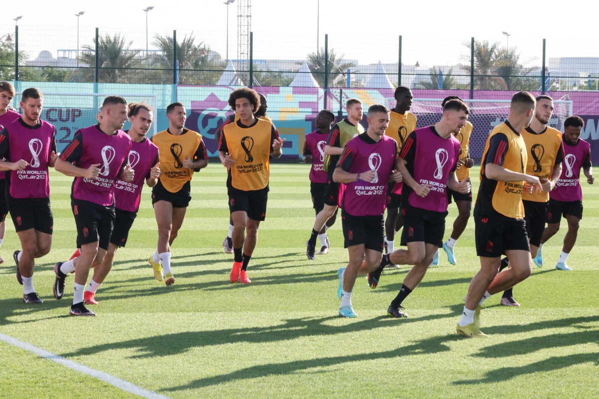 Belgium players take part in a training session at the Salwa Training Site in Salwa Beach, southwest of Doha, yesterday. AFP