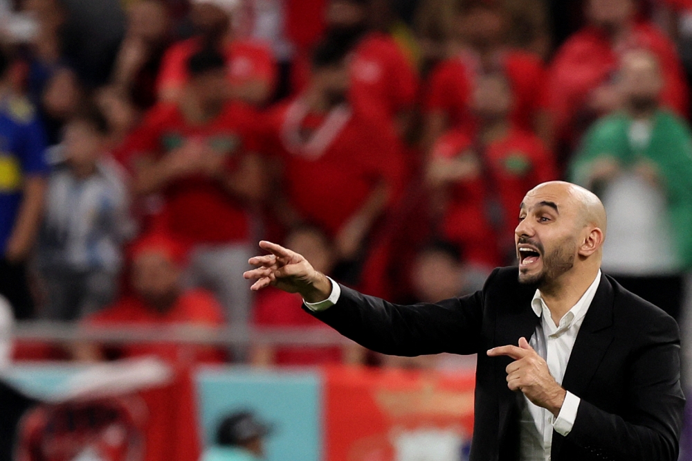 Morocco's coach Walid Regragui shouts instructions to his players from the touchline during the Qatar 2022 World Cup Group F football match between Belgium and Morocco at the Al-Thumama Stadium in Doha on November 27, 2022. (Photo by JACK GUEZ / AFP)