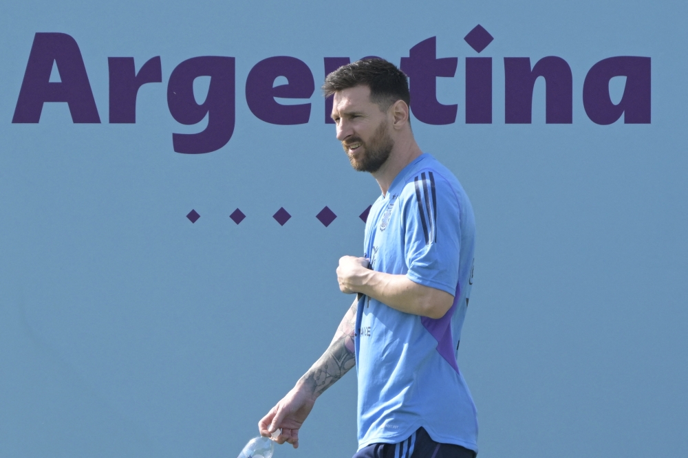 Argentina's forward #10 Lionel Messi looks on during a training session at Qatar University in Doha, on November 27, 2022. (Photo by Juan Mabromata / AFP)