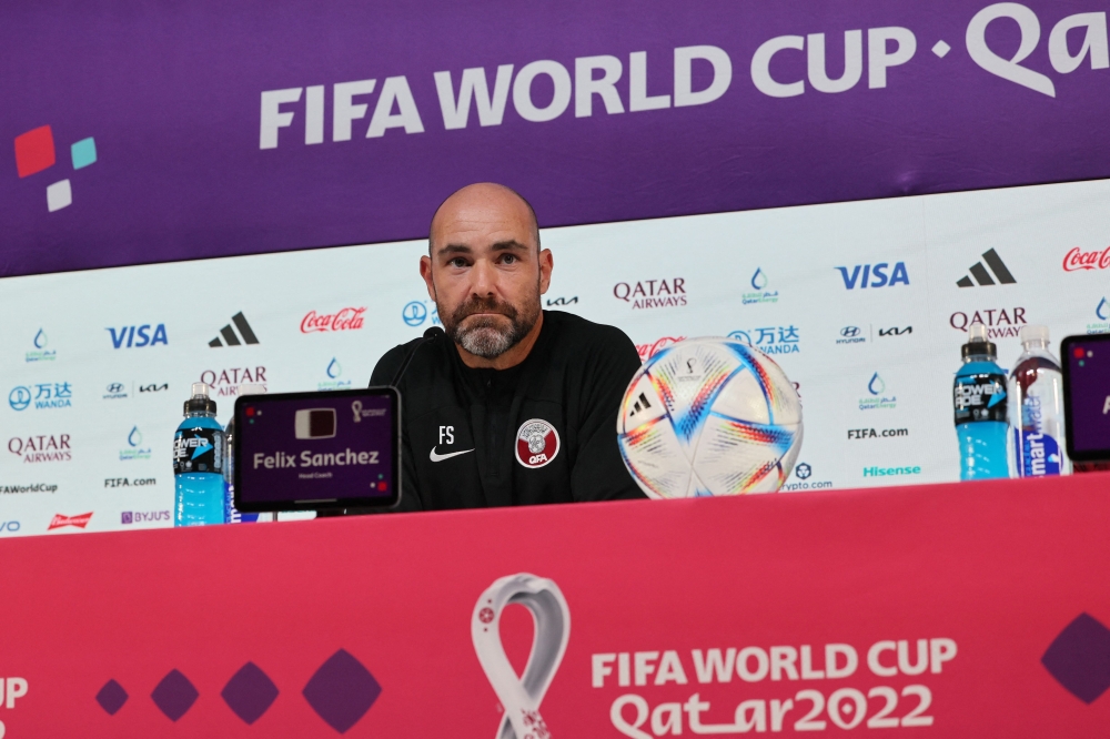 Qatar coach Felix Sanchez at a press conference at the Qatar National Convention Center (QNCC) in Doha (Photo by Karim Jaafar / AFP)