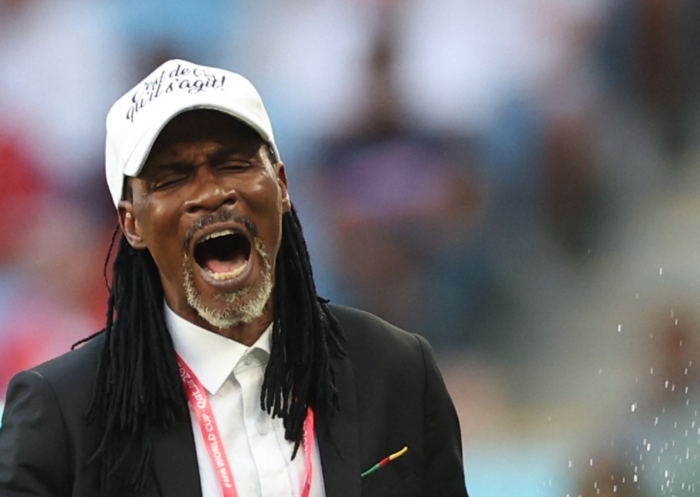 Cameroon coach Rigobert Song reacts during the FIFA World Cup Qatar 2022 Group G match against Serbia at the Al Janoub Stadium, Al Wakrah, on November 28, 2022. REUTERS/Carl Recine