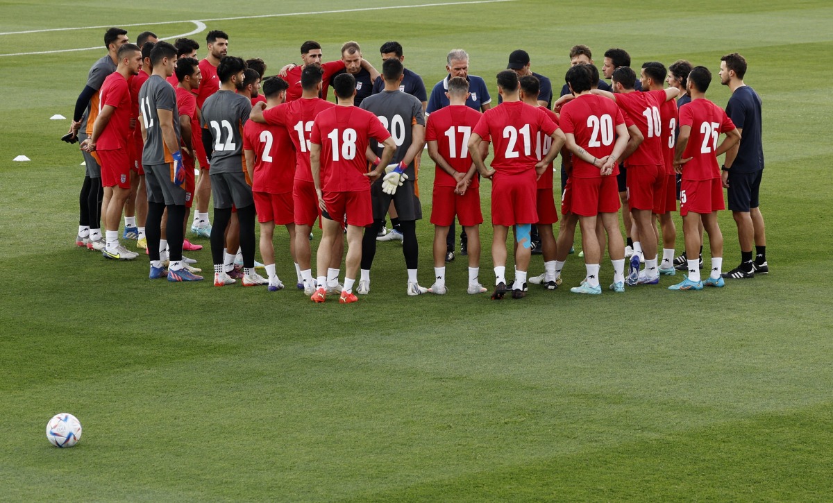 Iran coach Carlos Queiroz with his players during training ahead of the clash against the US. REUTERS