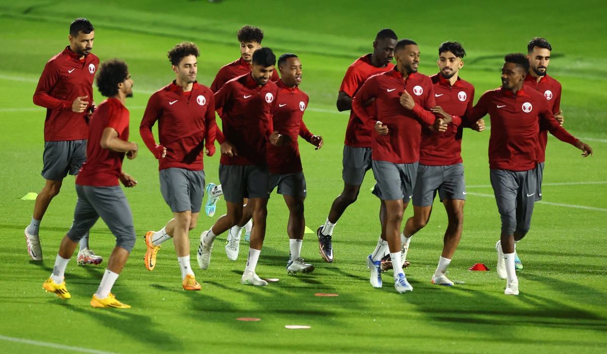 Qatar players during a training session at Aspire Zone, yesterday. REUTERS