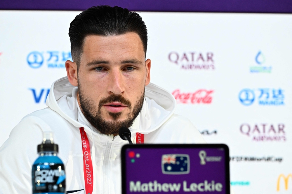 Australia's forward Mathew Leckie attends a press conference at the Qatar National Convention Center (QNCC) in Doha on November 29, 2022, on the eve of the Qatar 2022 World Cup football match between Australia and Denmark. (Photo by Chandan Khanna / AFP)