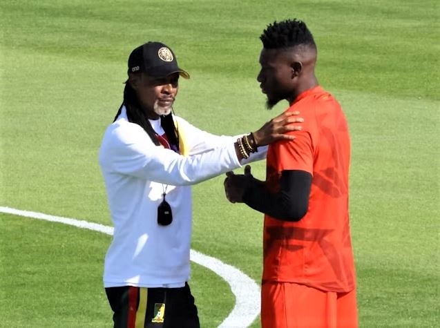 Cameroon coach Rigobert Song and Andre Onana. (Reuters/file photo)