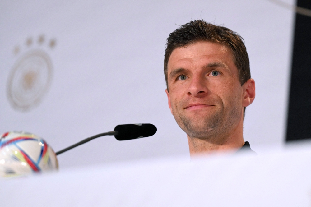 Germany's forward Thomas Mueller attends a press conference at the Al Shamal Stadium in Al Shamal, north of Doha on November 29, 2022, during the Qatar 2022 World Cup football tournament. (Photo by INA FASSBENDER / AFP)
 