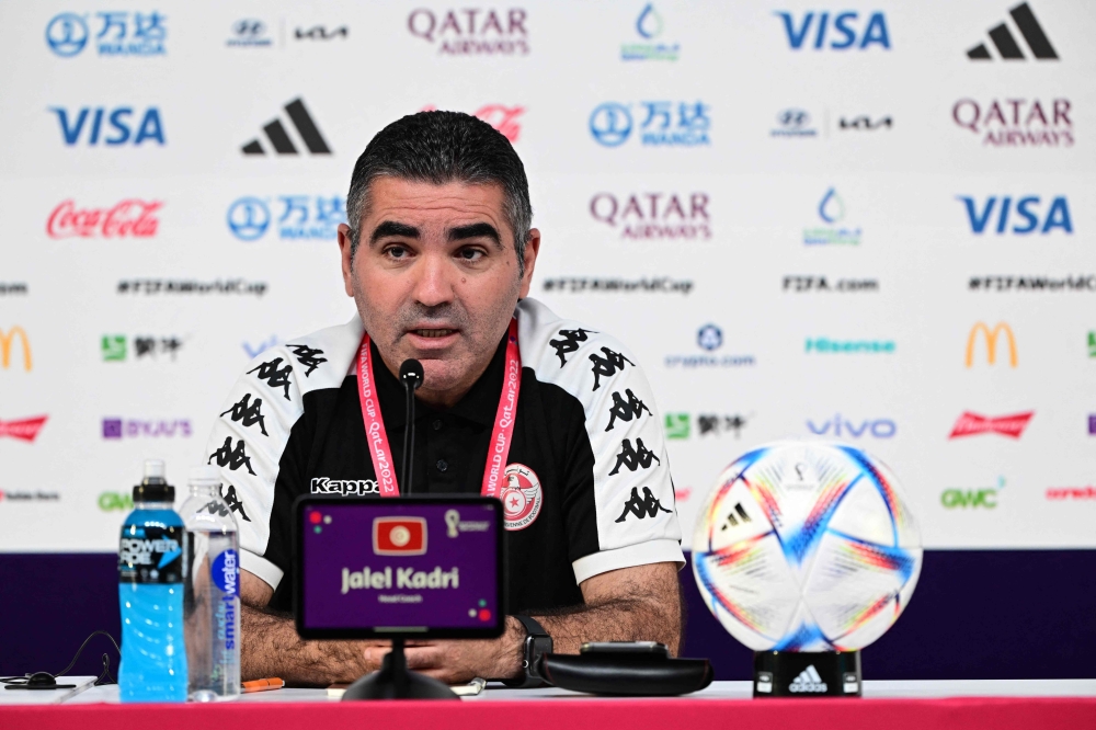 Tunisia's coach Jalel Kadri attends a press conference at the Qatar National Convention Center (QNCC) in Doha on November 29, 2022, on the eve of the Qatar 2022 World Cup football match between Tunisia and France. (Photo by Miguel MEDINA / AFP)