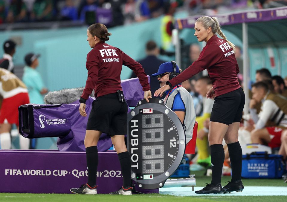 Fourth Official Stephanie Frappart and assistant referee Neuza Back during the Qatar World Cup - Mexico v Poland match at Stadium 974 on November 22, 2022. (REUTERS/Carl Recine)