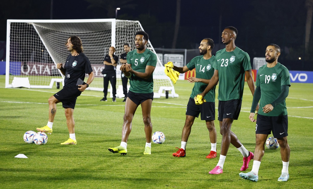 Saudi Arabia’s Ali Al Bulayhi, Abdullah Otayf, Mohamed Kanno and Hatan Bahbri during training. Reuters