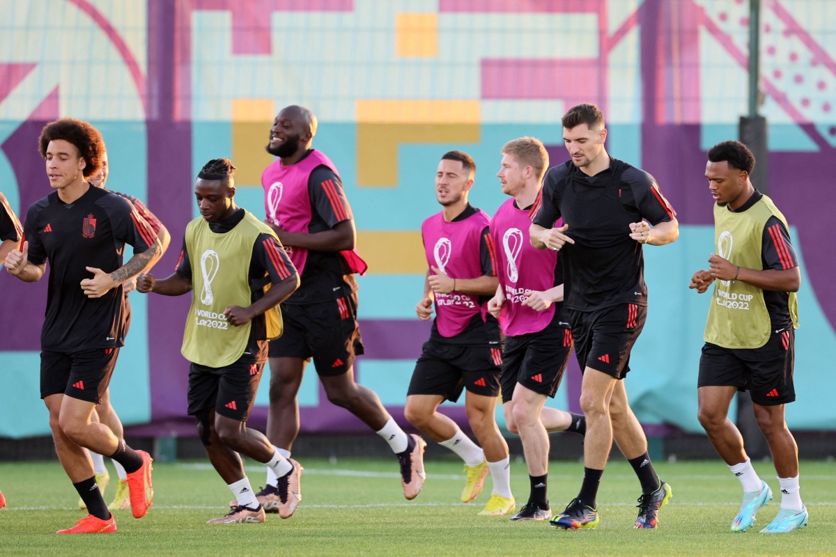 Belgium players take part in a training session at the Salwa Training Site in Salwa Beach, yesterday. AFP