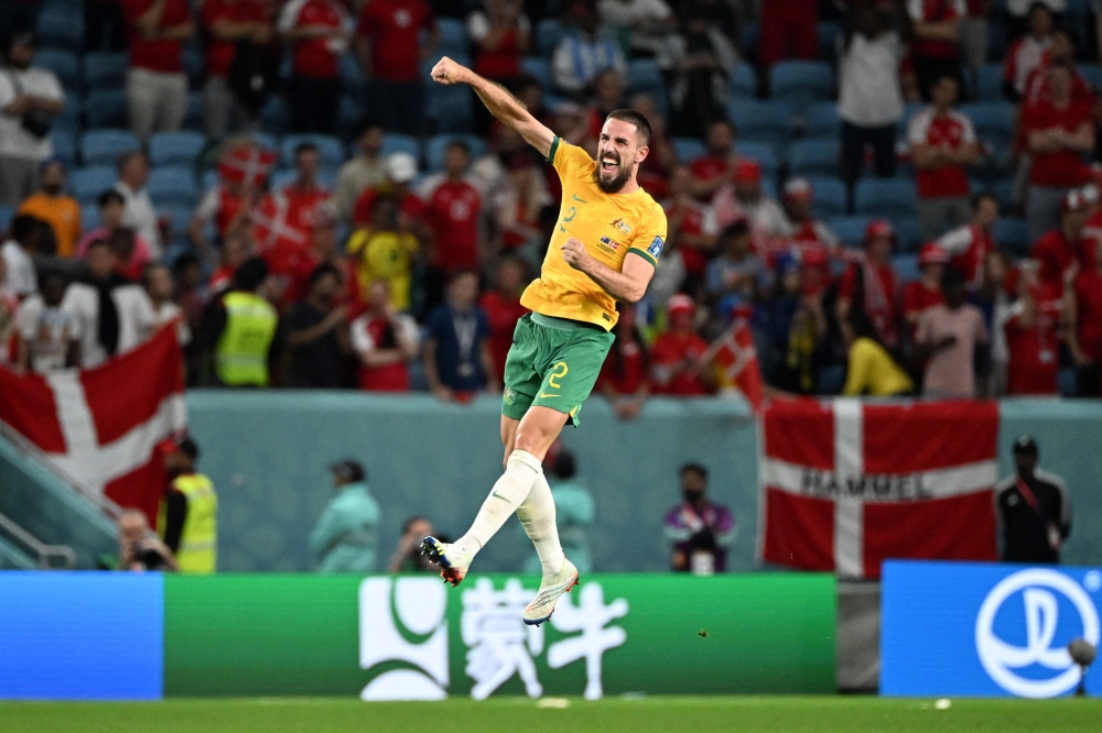 Australia's defender #02 Milos Degenek celebrates winning the Qatar 2022 World Cup Group D football match between Australia and Denmark at the Al-Janoub Stadium in Al-Wakrah, south of Doha on November 30, 2022. (Photo by Chandan KHANNA / AFP)