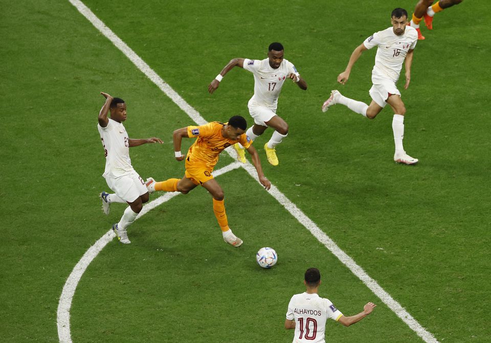 Netherlands' Cody Gakpo scores their first goal during the FIFA World Cup Qatar 2022 Group A match against Qatar at the  Al Bayt Stadium, Al Khor, Qatar, on November 29, 2022. REUTERS/Albert Gea