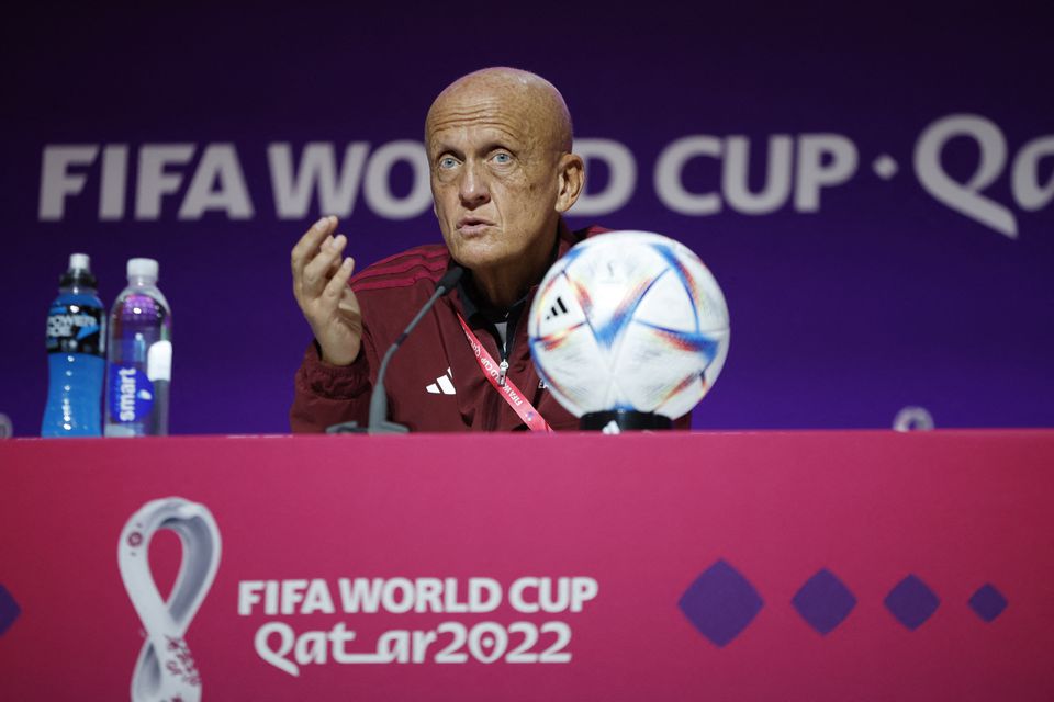 Chairman of the FIFA referees committee, Pierluigi Collina, during a Referees Media Briefing of the FIFA World Cup Qatar 2022 at the Main Media Center, Doha, Qatar, on November 18, 2022.  REUTERS/John Sibley