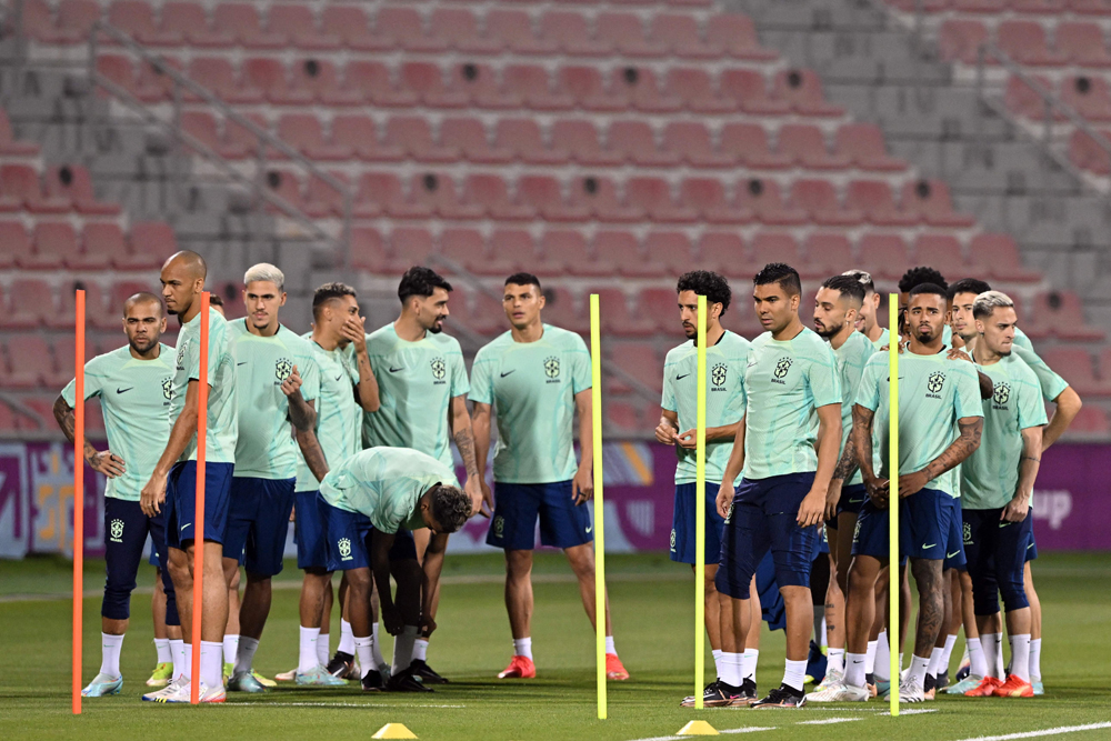 Brazilian players attend a training session at the Al Arabi Sports Club in Doha, yesterday. AFP