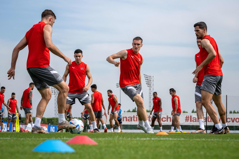 Switzerland’s players take part in a training session.