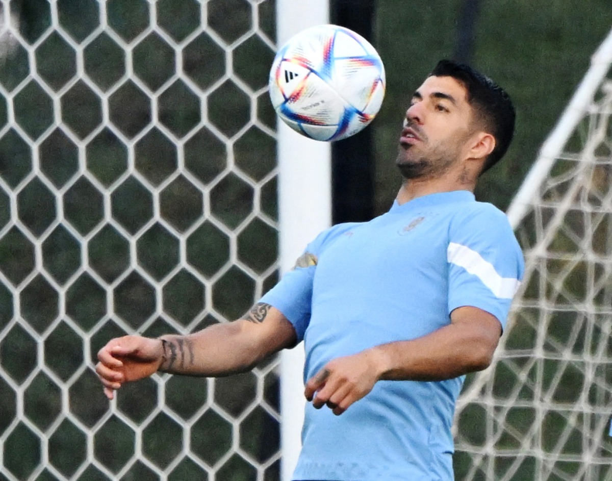 Uruguay’s forward Luis Suarez during  training yesterday.