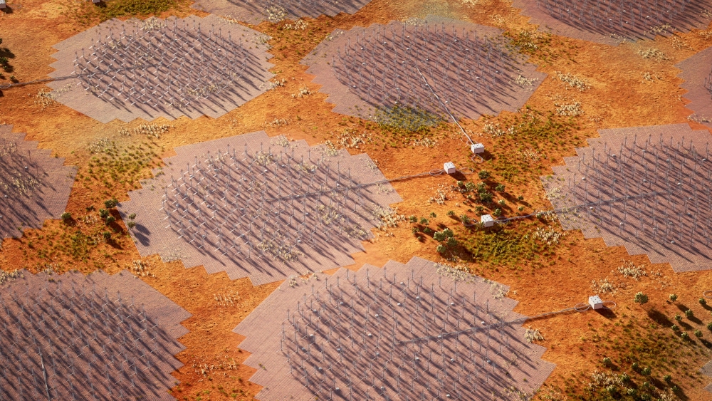 This handout released on December 5, 2022 by Australia's Department of Industry, Science and Resources shows an artist's impression of low-frequency stations forming the Square Kilometre Array (SKA) radio telescope, to be built in Western Australia. Photo by Handout / Australia's Department of Industry, Science and Resources / AFP