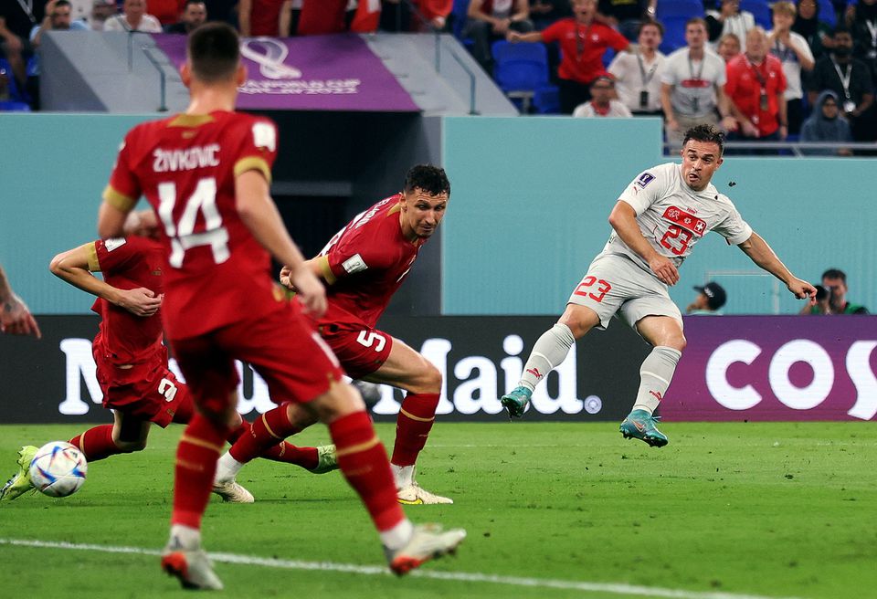 Switzerland's Xherdan Shaqiri scores their first goal during the FIFA World Cup Qatar 2022 Group G match against Serbia at the Stadium 974, Doha, Qatar, on December 2, 2022. REUTERS/Carl Recine