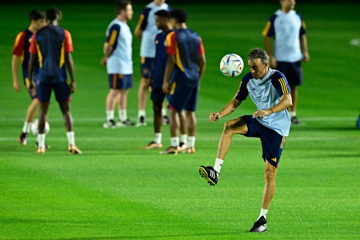 Spain’s coach Luis Enrique during a training session at the Qatar University. AFP