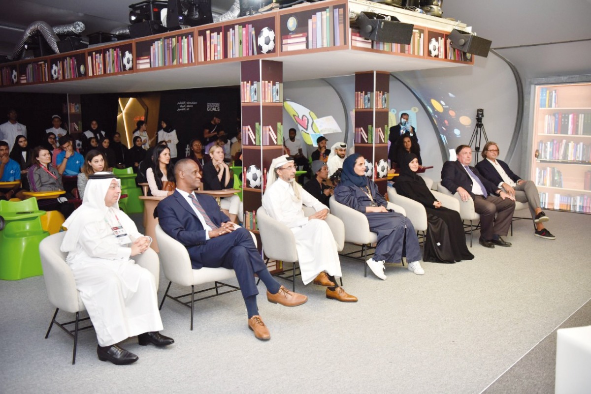 Deputy Speaker of the Shura Council H E Dr Hamda bint Hassan Al Sulaiti (third right); Minister of Sports H E  Salah bin Ghanim Al Ali (third left); H E Sheikha Al Mayassa bint Hamad bin Khalifa Al Thani (centre); UK ambassador to Qatar H E Jonathan Wilks (second right) and US ambassador to Qatar H E Tim Davis (second left) during the opening session of Empower 2022 Youth Conference, yesterday. 