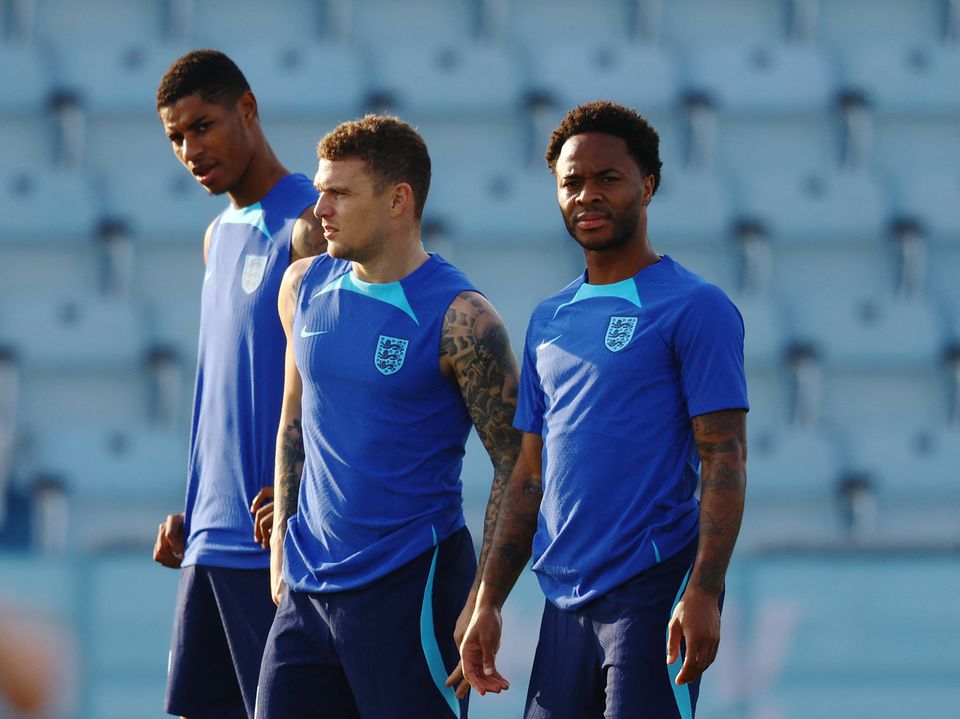 December 3, 2022 England's Marcus Rashford, Kieran Trippier and Raheem Sterling during training REUTERS/Hannah Mckay