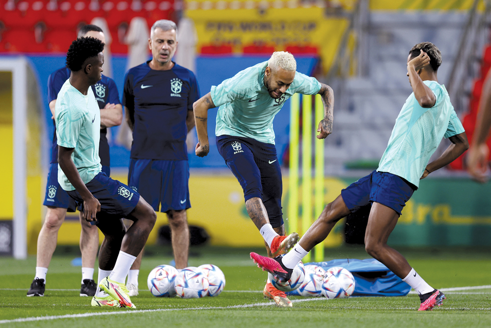 Brazil’s Neymar, Rodrygo and Vinicius Junior during training. REUTERS