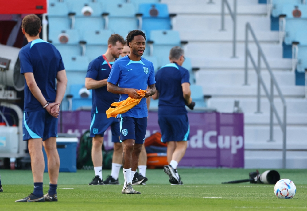 December 9, 2022 England's Raheem Sterling during training REUTERS/Molly Darlington