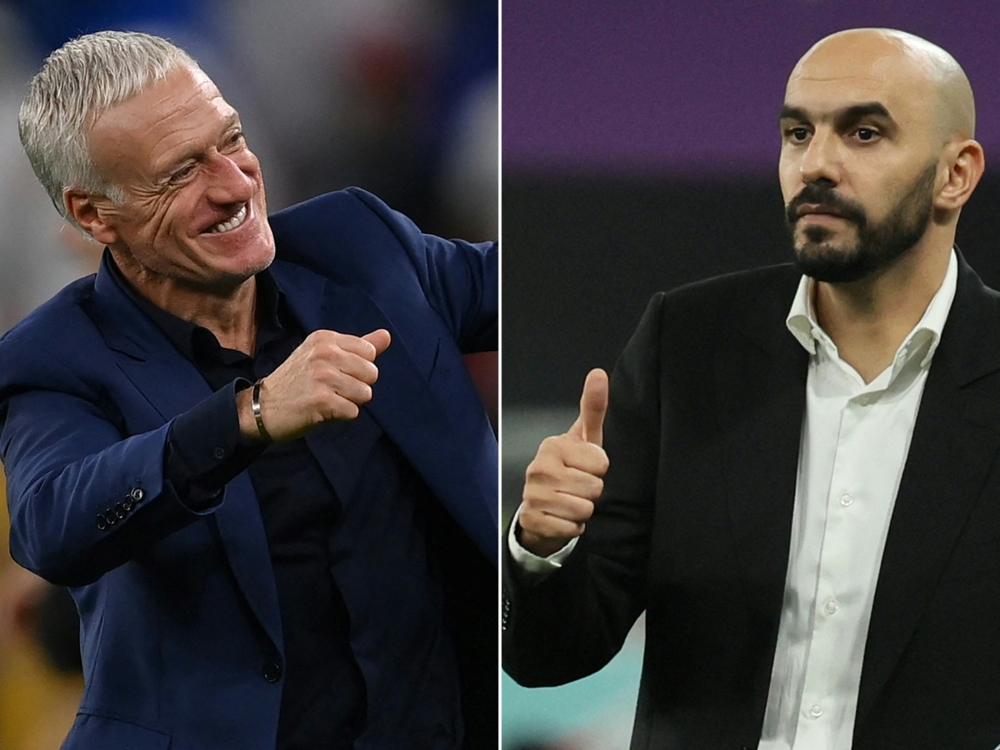 This combination picture created on December 12, 2022 during the Qatar 2022 World Cup football tournament shows France's coach Didier Deschamps (left) in Doha on December 4, 2022 and Morocco's coach Walid Regragui in Doha on December 10, 2022. (Photo by FRANCK FIFE and KARIM JAAFAR / AFP)