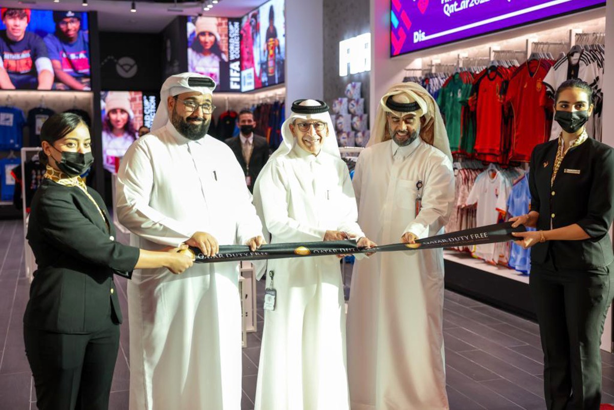 Qatar Airways Group Chief Executive H E Akbar Al Baker and other officials at the opening of the FIFA store at Hamad International Airport. 