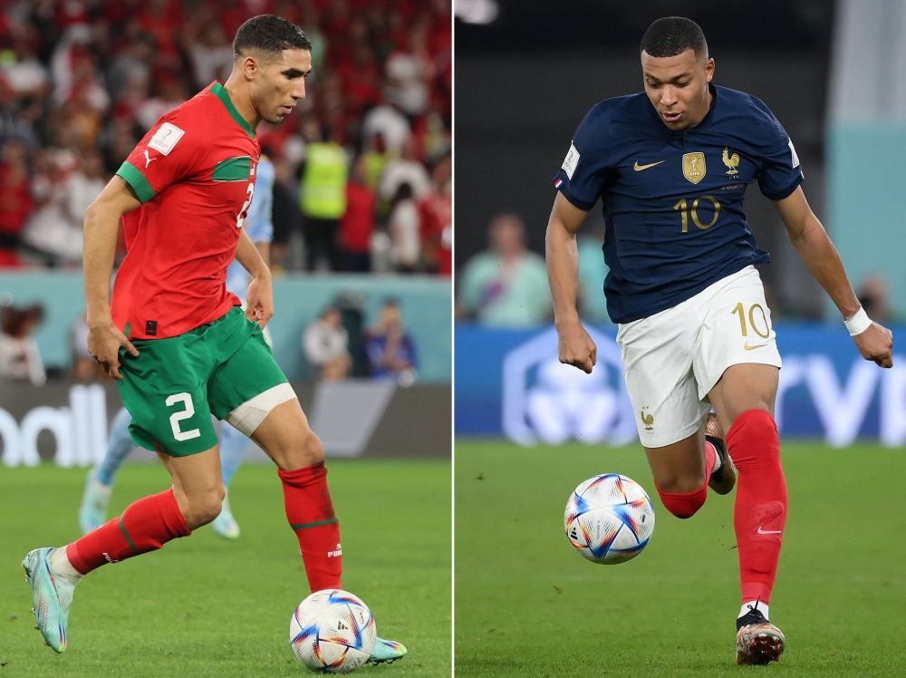 This combination picture created on December 12, 2022 during the Qatar 2022 World Cup shows Morocco's defender Achraf Hakimi (left) on December 6, 2022 and France's forward Kylian Mbappe, in Doha on November 26, 2022. (Photo by Jack GUEZ and Franck FIFE / AFP)