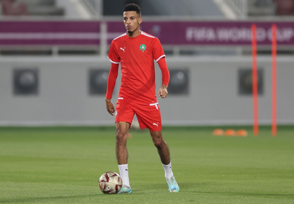 Morocco's midfielder Azzedine Ounahi takes part in a training session at the Al Duhail SC Stadium in Doha on December 13, 2022, on the eve of the Qatar 2022 World Cup football semi-final match between France and Morocco. (Photo by KARIM JAAFAR / AFP)