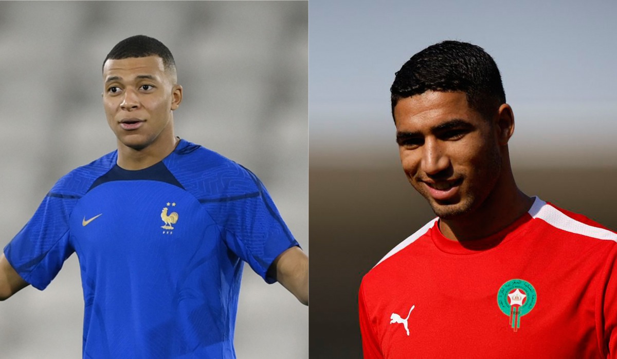 France's forward Kylian Mbappe gestures during a training session at the Al Sadd SC in Doha on December 13, 2022, on the eve of the Qatar 2022 World Cup football semi-final match between France and Morocco. Photo by FRANCK FIFE / AFP (left), and November 22, 2022 Morocco's Achraf Hakimi during training REUTERS/Amanda Perobelli (right)