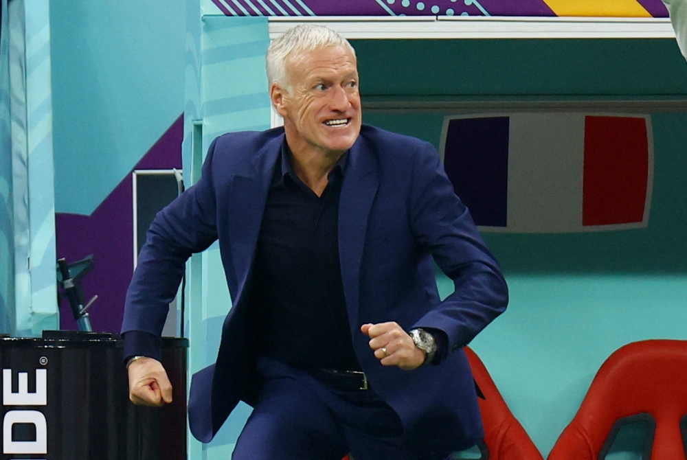 France coach Didier Deschamps celebrates after Randal Kolo Muani scores their second goal during the FIFA World Cup Qatar 2022 semi-final match against Morocco at the Al Bayt Stadium in Al Khor, Qatar, on December 14, 2022.  REUTERS/Molly Darlington
 