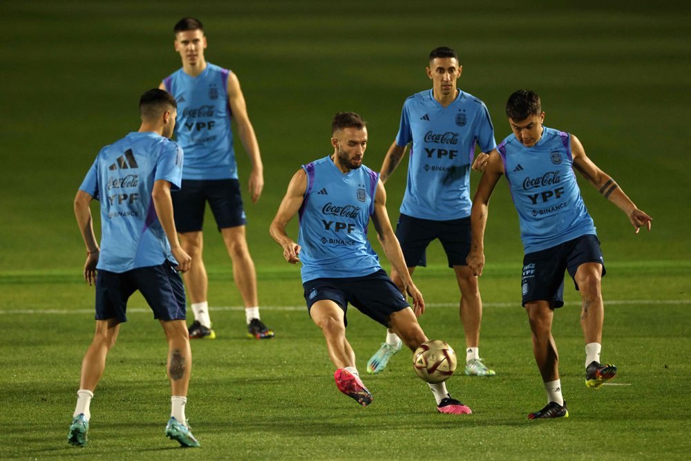 Argentina’s players take part in a training session at the Qatar University training site 3 in Doha yesterday. AFP