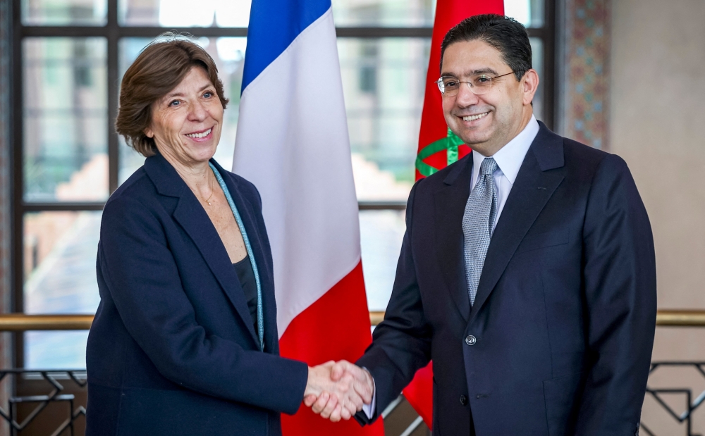 Morocco's Foreign Minister Nasser Bourita (right) receives his French counterpart, Catherine Colonna, in Rabat, on December 16, 2022. (Photo by Fadel Senna / AFP)