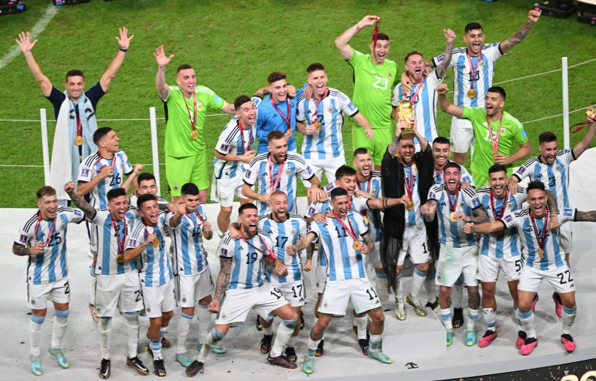 Argentina players celebrate after winning the FIFA World Cup Qatar 2022 at the Lusail Stadium in Lusail, Qatar, on December 18, 2022.  Photos: Abdul Basit / The Peninsula