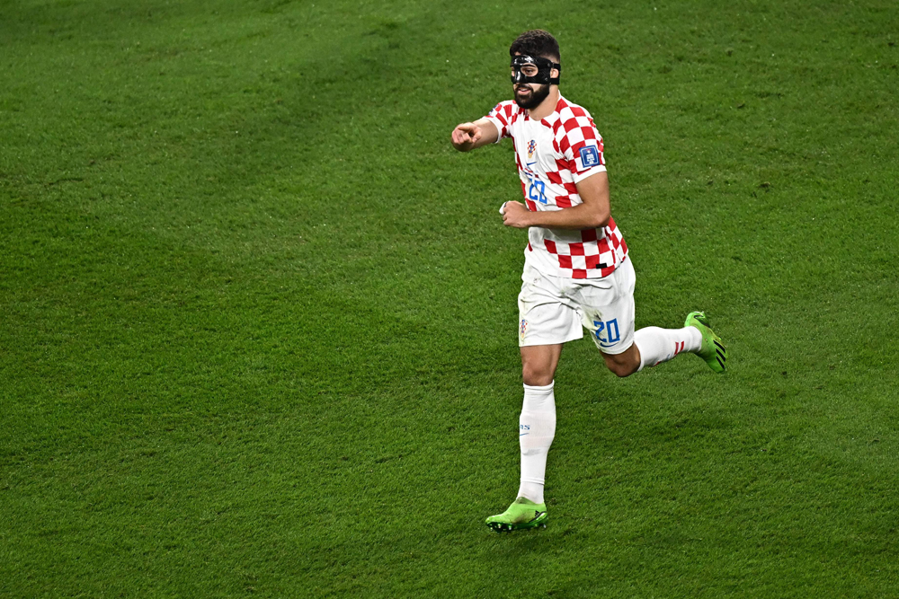 Croatia’s defender Josko Gvardiol celebrates after scoring against Morocco in the third place play-off match. AFP