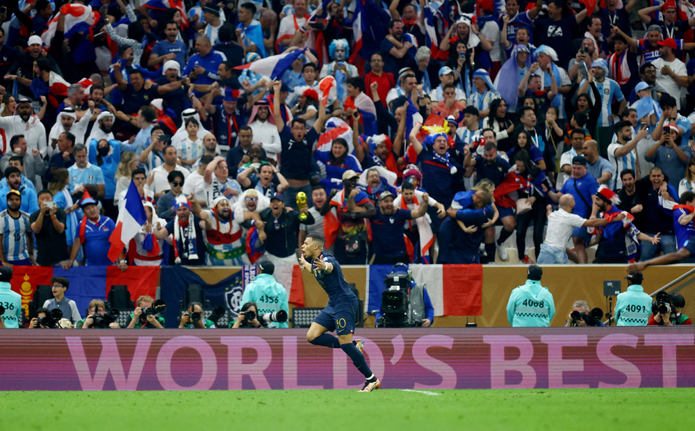 France’s Kylian Mbappe celebrates after scoring his second goal against Argentina during the World Cup final. REUTERS