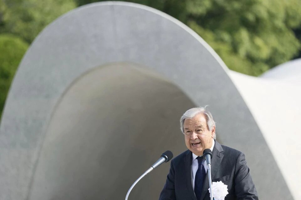 UN Secretary General Antonio Guterres delivers a speech during a ceremony to mark the 77th anniversary of the world's first atomic bombing, at Peace Memorial Park in Hiroshima, western Japan, on August 6, 2022, in this photo taken by Kyodo. Mandatory credit Kyodo via REUTERS
