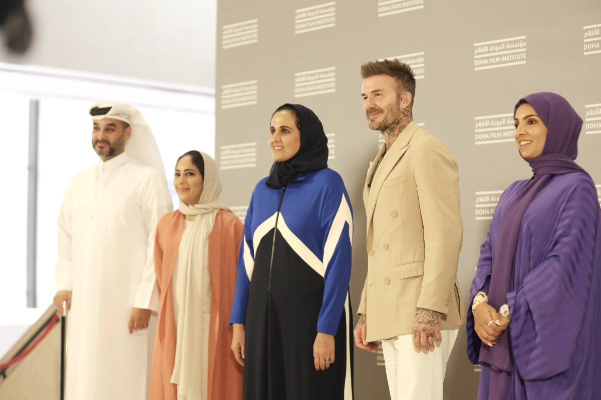 H E Sheikha Al Mayassa bint Hamad Al Thani (centre), Chairperson of DFI; David Beckham (second right); Fatma Hassan Alremaihi (first right), CEO of DFI; and other officials during the screening. 