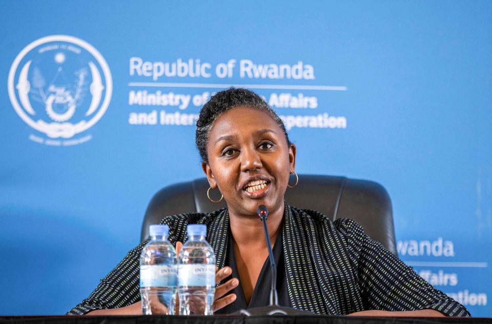 Rwanda's government spokesperson Yolande Makolo addresses a news conference on the transfer of asylum seekers from Britain ahead of their arrival in Kigali, Rwanda, on June 14, 2022. File Photo / Reuters
