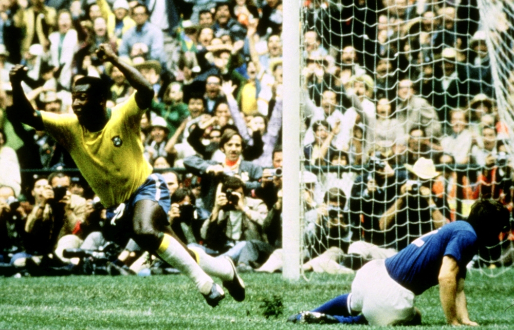 Brazil's Pele celebrates after scoring the opening goal at the 1970 FIFA World Cup final match against Italy at Estadio Azteca, Mexico City, on May 21, 1970. Mandatory Credit: Action Images / Sporting Pictures 